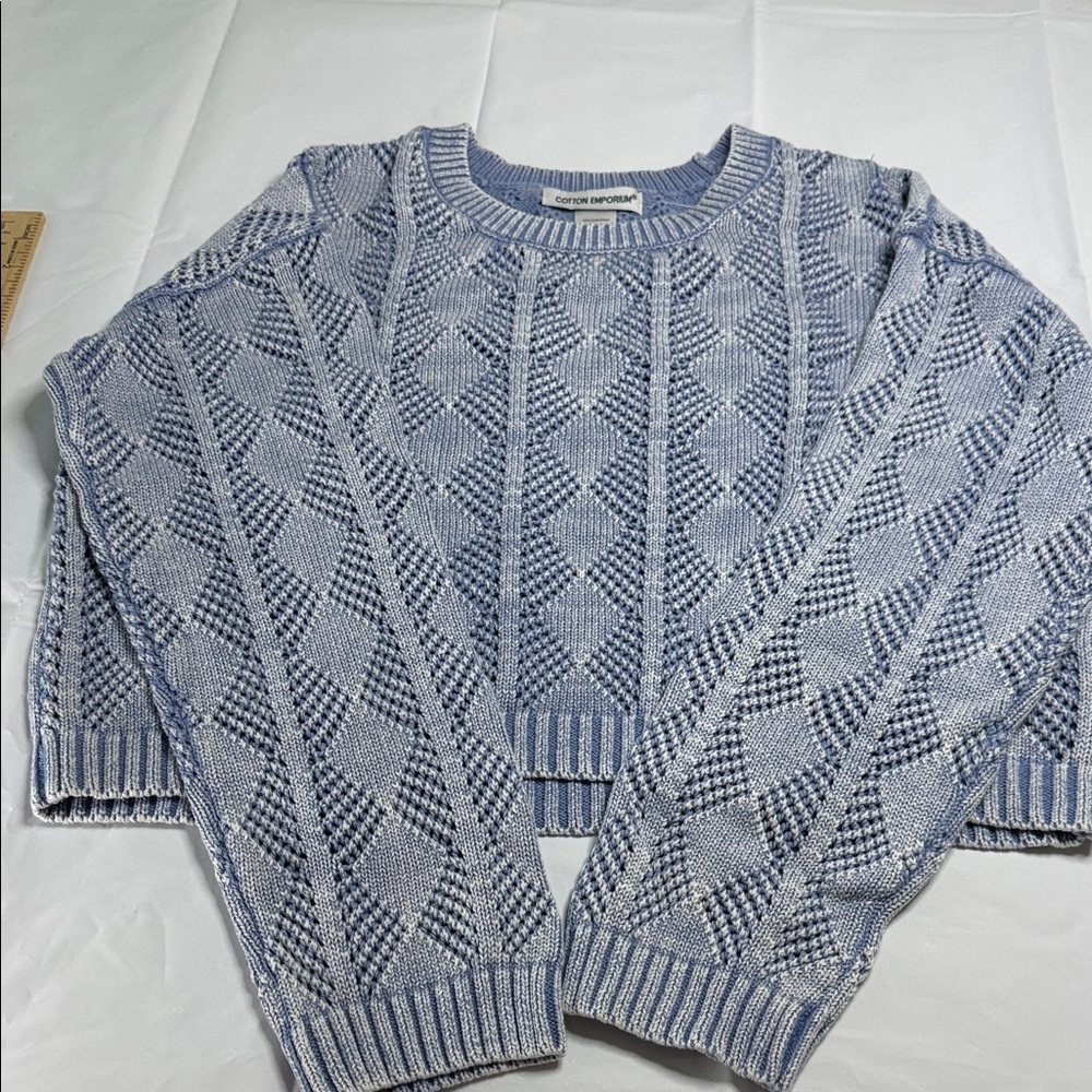 Cotton Emporium Diamond Knit Sweater in Blue and White